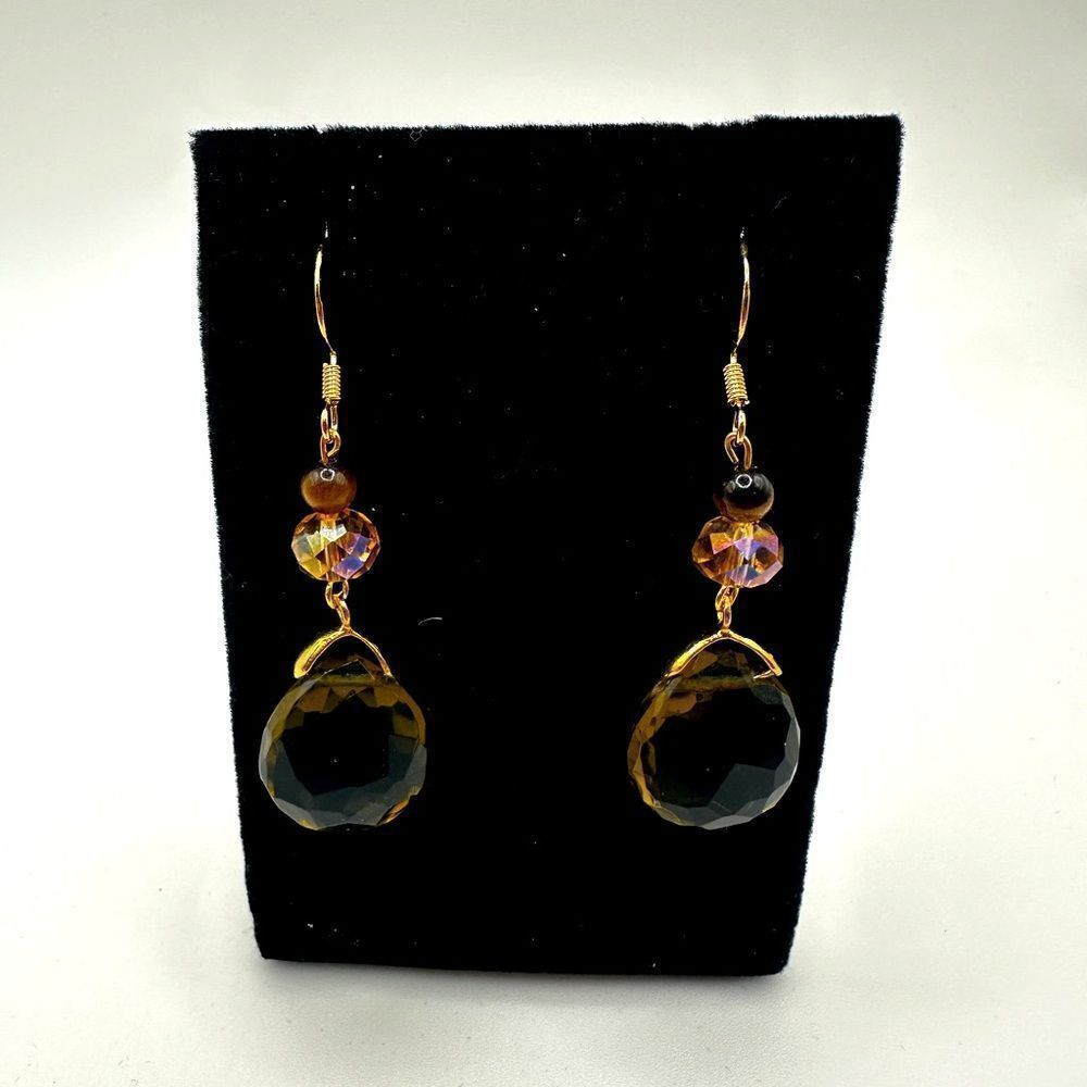 2.25" gold over 925 dangle earrings with faceted smokey quartz pear beads!